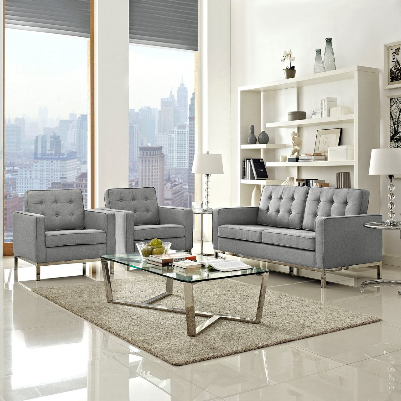 Loft Living Room Set Upholstered Fabric Set of 3, Grey, Fabric 11363