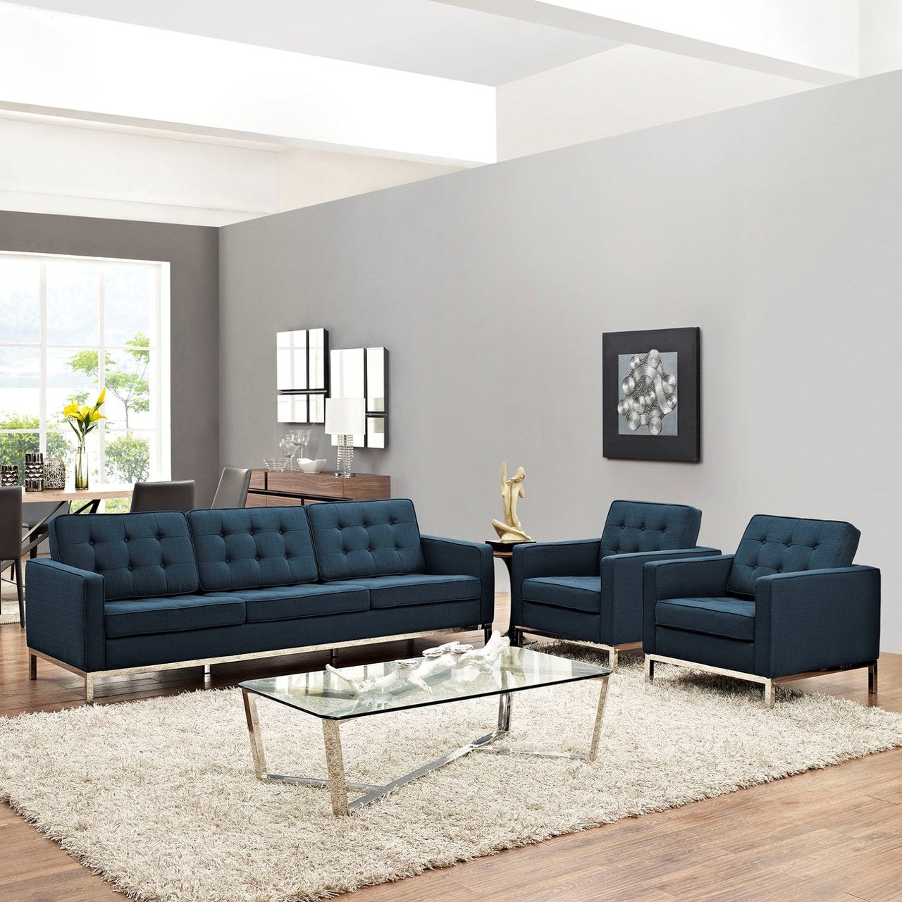 Loft Living Room Set Upholstered Fabric Set of 3, Navy, Fabric 11366