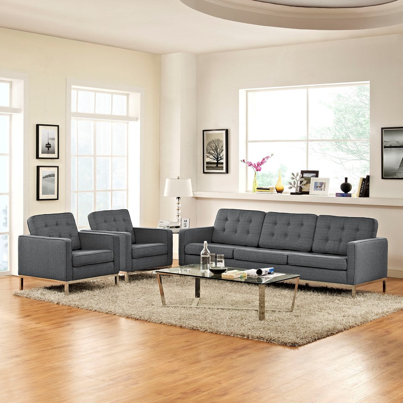 Loft Living Room Set Upholstered Fabric Set of 3, Grey, Fabric 11367