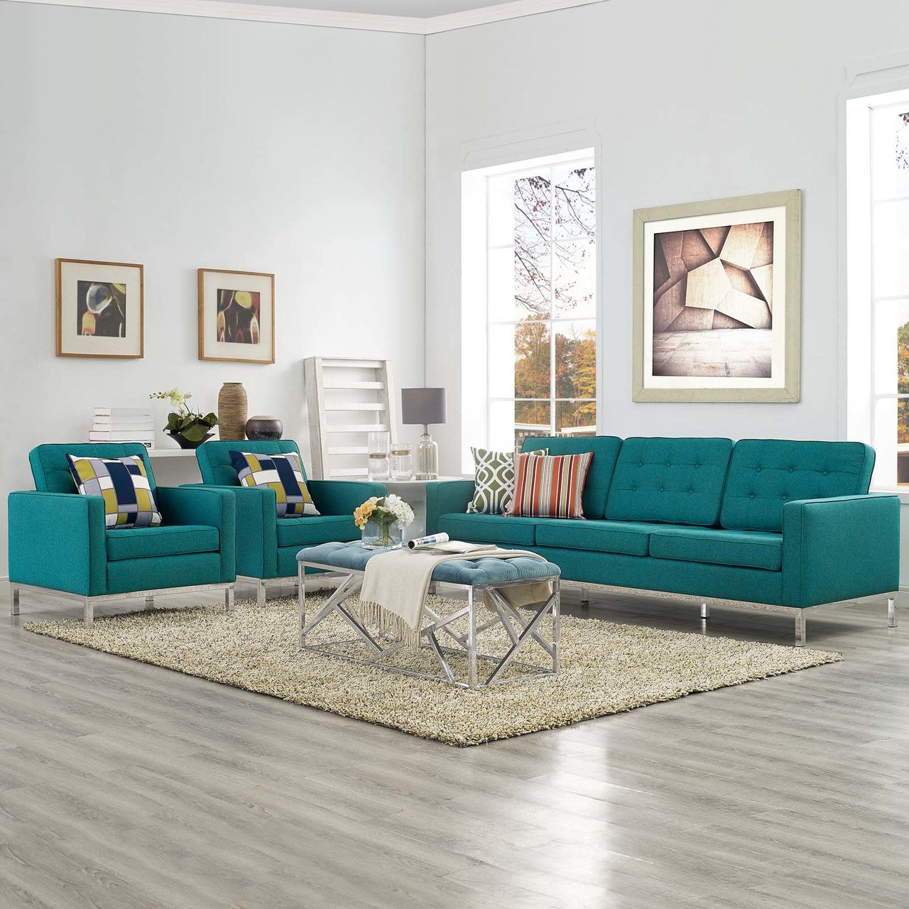 Loft 3 Piece Upholstered Fabric Sofa and Armchair Set, Fabric, Aqua Blue 13545