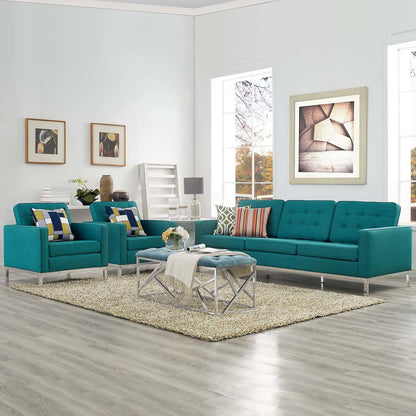 Loft 3 Piece Upholstered Fabric Sofa and Armchair Set, Fabric, Aqua Blue 13545