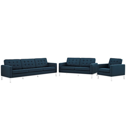 Loft Living Room Set Upholstered Fabric Set of 3, Navy, Fabric 11378