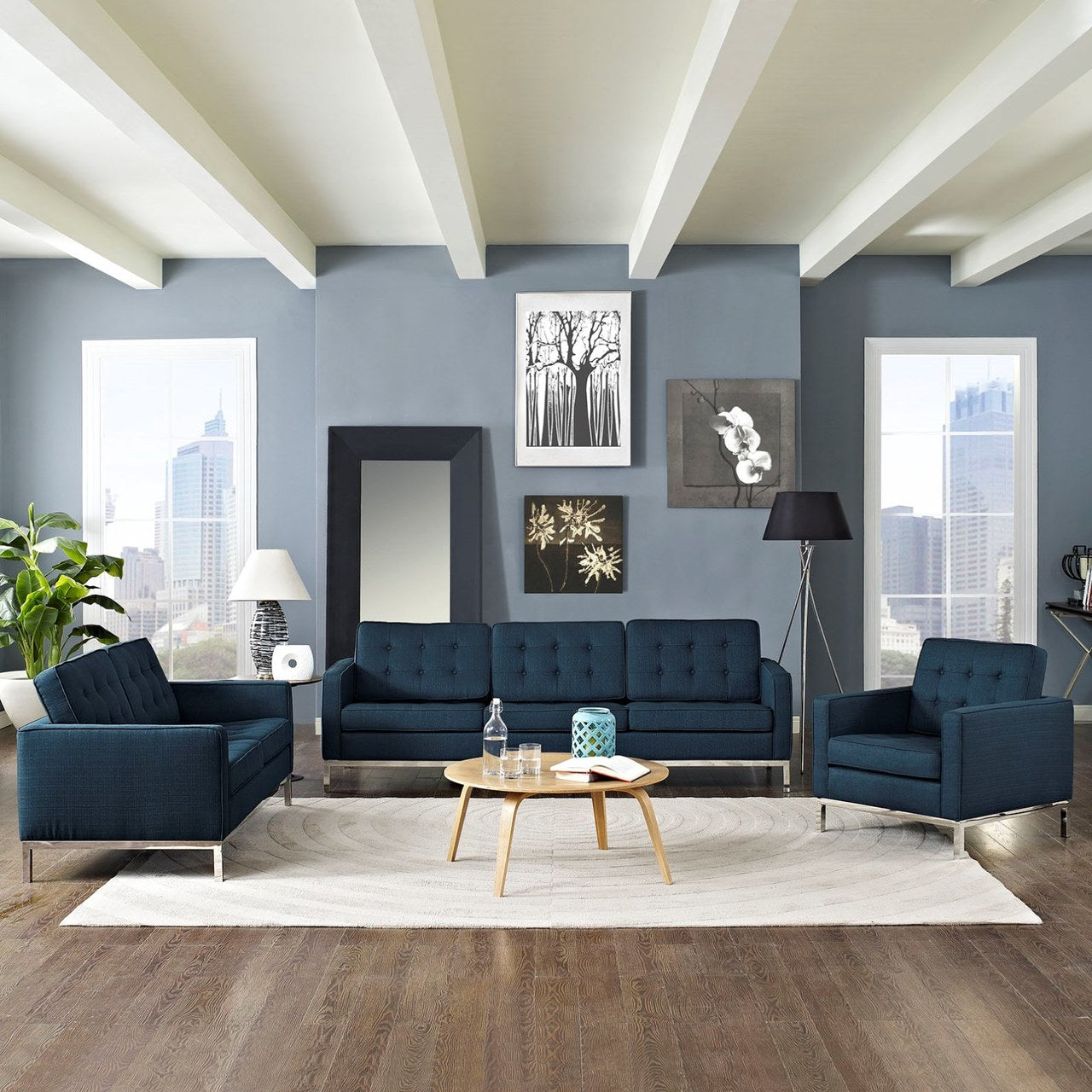 Loft Living Room Set Upholstered Fabric Set of 3, Navy, Fabric 11378