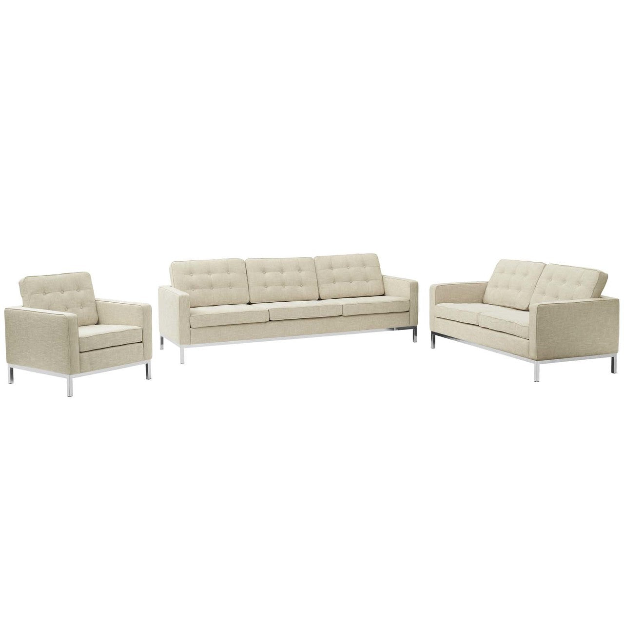 Loft 3 Piece Upholstered Fabric Sofa Loveseat and Armchair Set, Fabric, Beige 13548