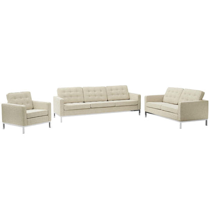 Loft 3 Piece Upholstered Fabric Sofa Loveseat and Armchair Set, Fabric, Beige 13548