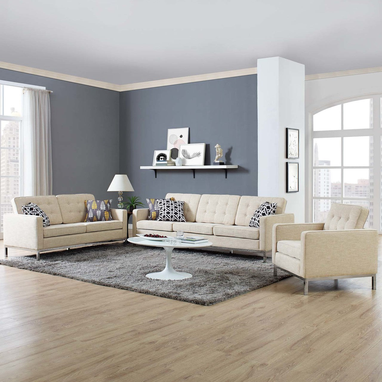 Loft 3 Piece Upholstered Fabric Sofa Loveseat and Armchair Set, Fabric, Beige 13548