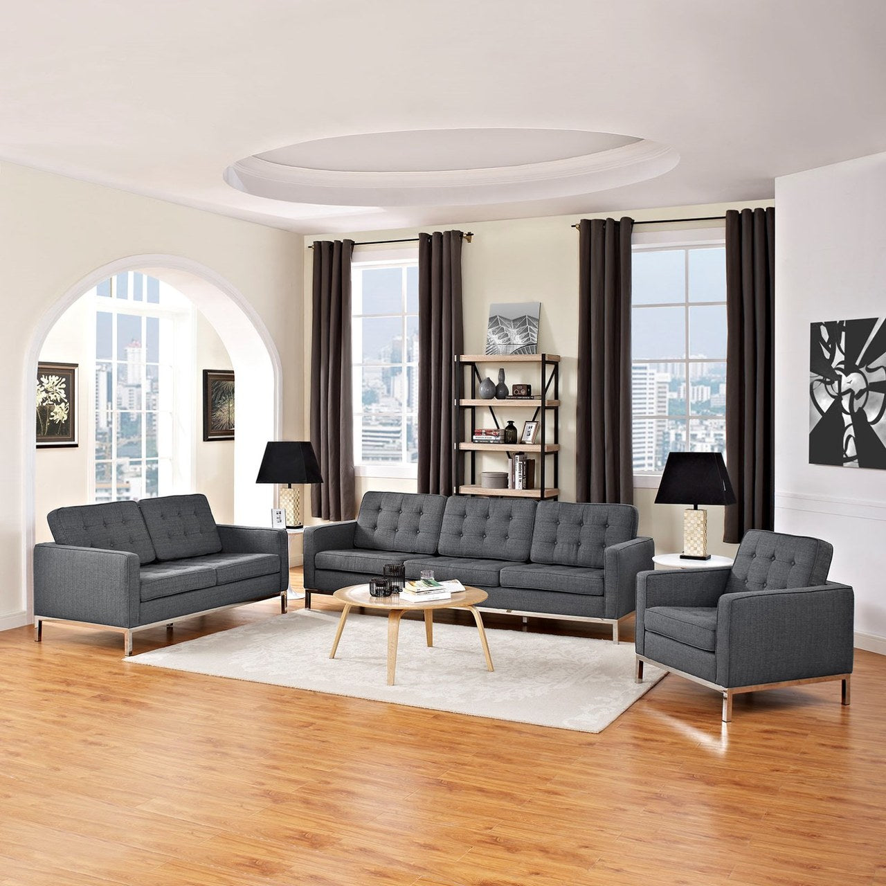 Loft Living Room Set Upholstered Fabric Set of 3, Grey, Fabric 11379