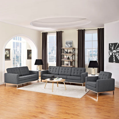 Loft Living Room Set Upholstered Fabric Set of 3, Grey, Fabric 11379