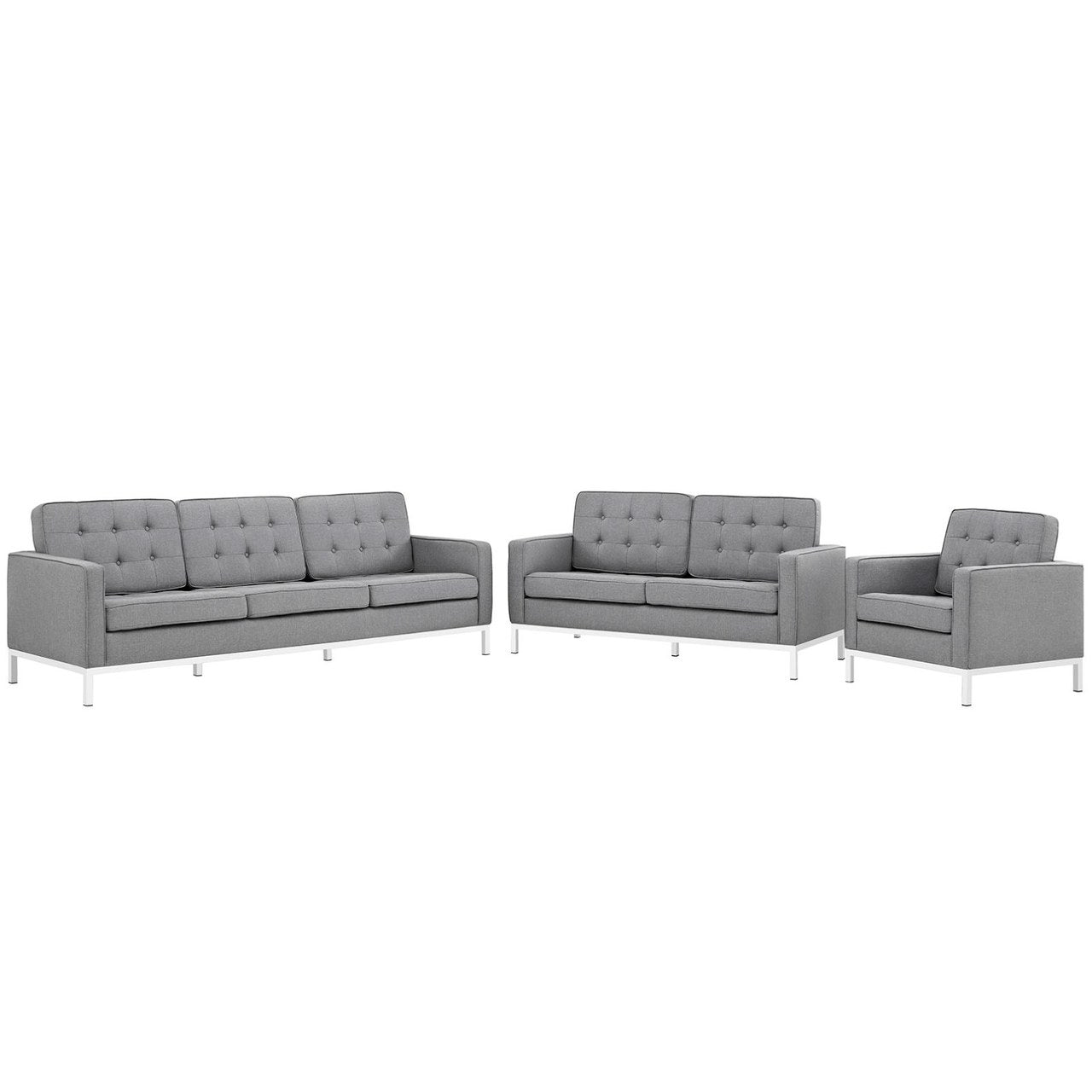 Loft Living Room Set Upholstered Fabric Set of 3, Grey, Fabric 11381
