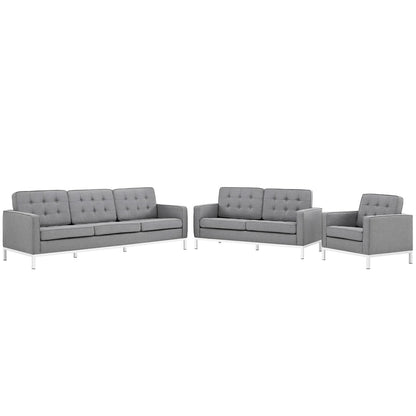 Loft Living Room Set Upholstered Fabric Set of 3, Grey, Fabric 11381