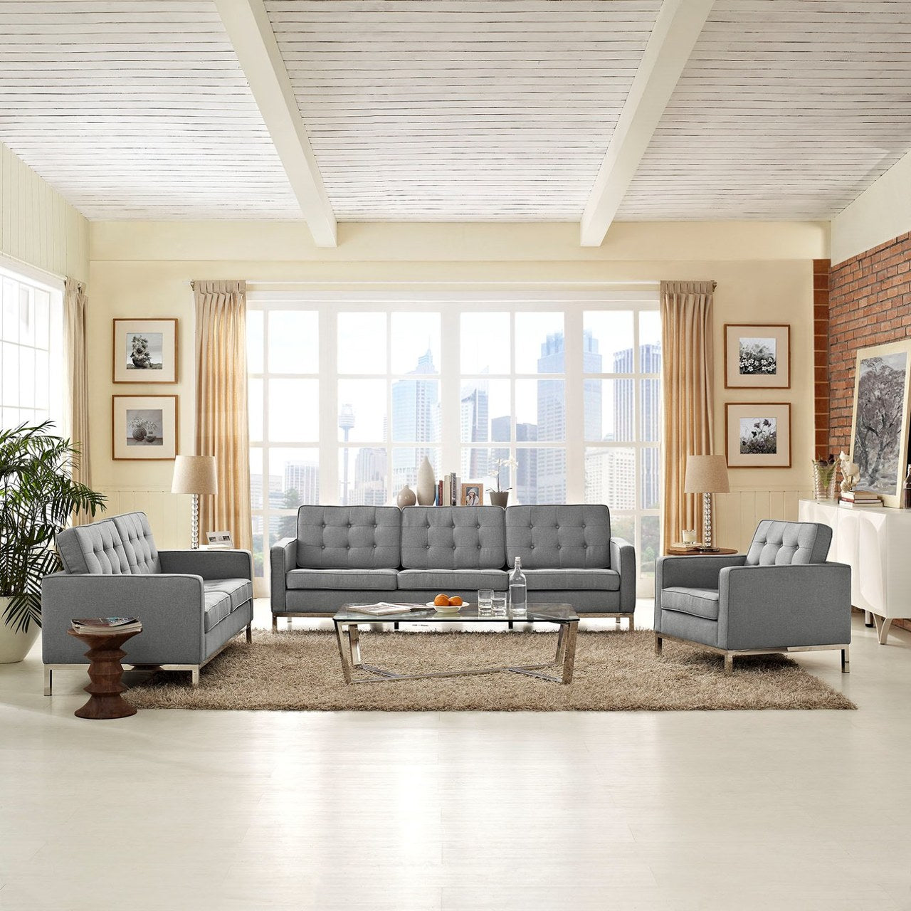 Loft Living Room Set Upholstered Fabric Set of 3, Grey, Fabric 11381