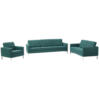 Loft 3 Piece Upholstered Fabric Sofa Loveseat and Armchair Set, Fabric, Aqua Blue 13549