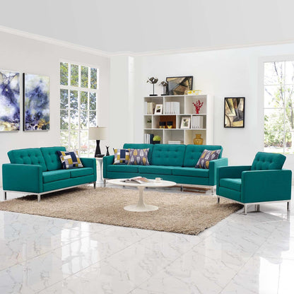 Loft 3 Piece Upholstered Fabric Sofa Loveseat and Armchair Set, Fabric, Aqua Blue 13549