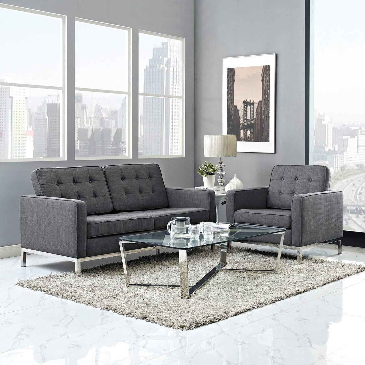 Loft Living Room Set Upholstered Fabric Set of 2, Grey, Fabric 11385