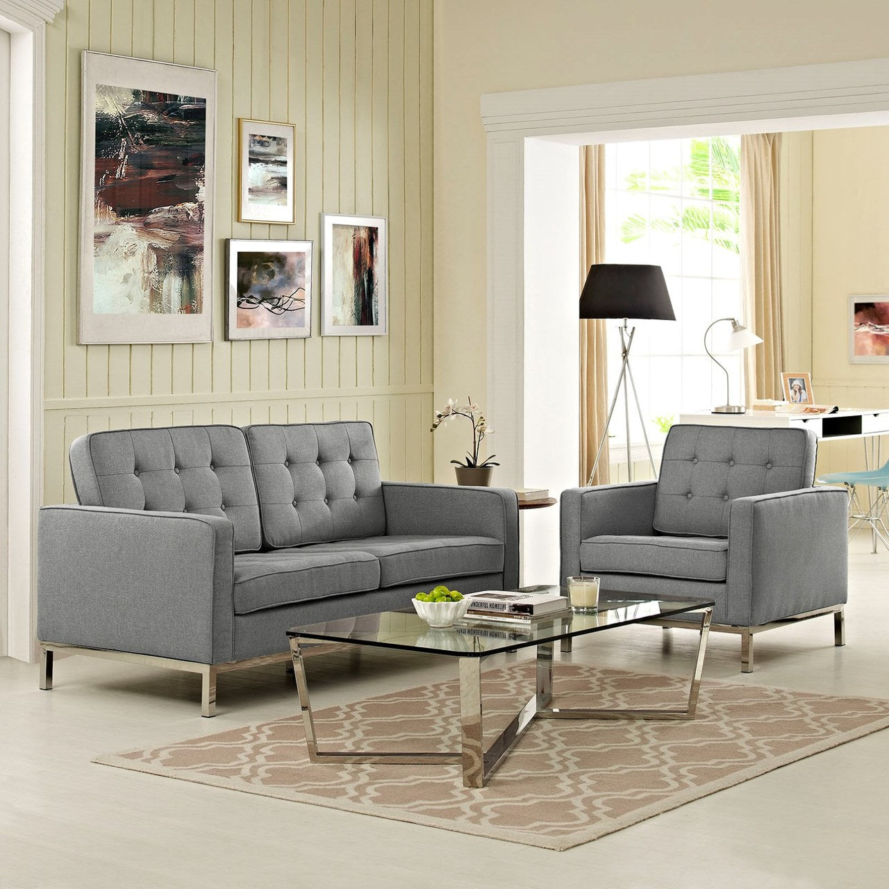 Loft Living Room Set Upholstered Fabric Set of 2, Grey, Fabric 11387