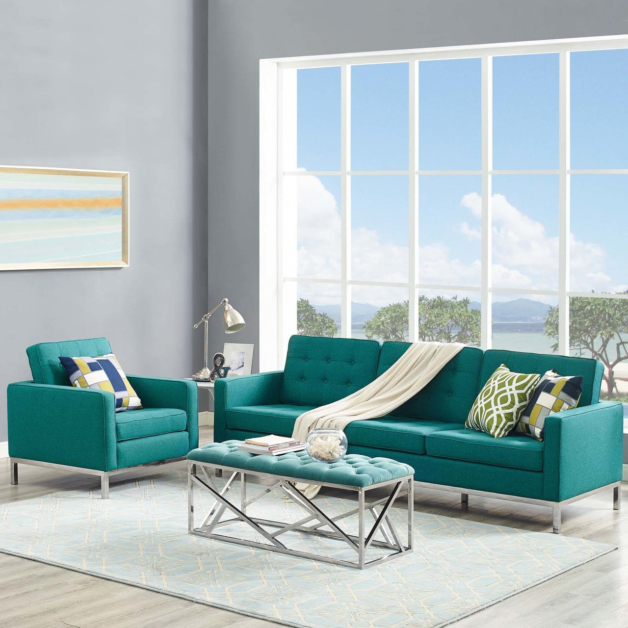 Loft 2 Piece Upholstered Fabric Sofa and Armchair Set, Fabric, Aqua Blue 13551