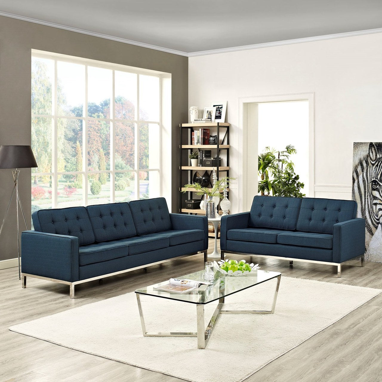 Loft Living Room Set Upholstered Fabric Set of 2, Navy, Fabric 11396