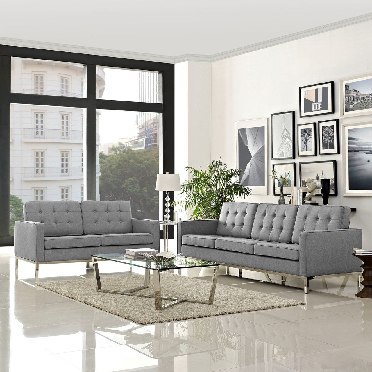 Loft Living Room Set Upholstered Fabric Set of 2, Grey, Fabric 11399