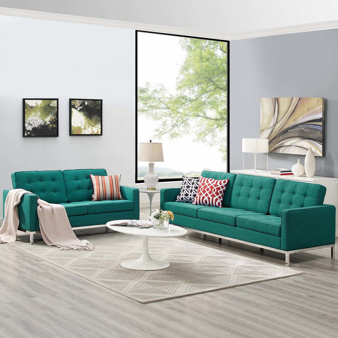 Loft 2 Piece Upholstered Fabric Sofa and Loveseat Set, Fabric, Aqua Blue 13553