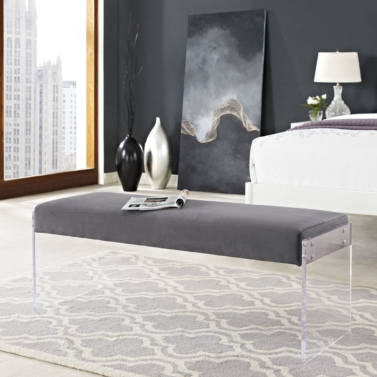 Roam Velvet Bench, Grey, Fabric 11469