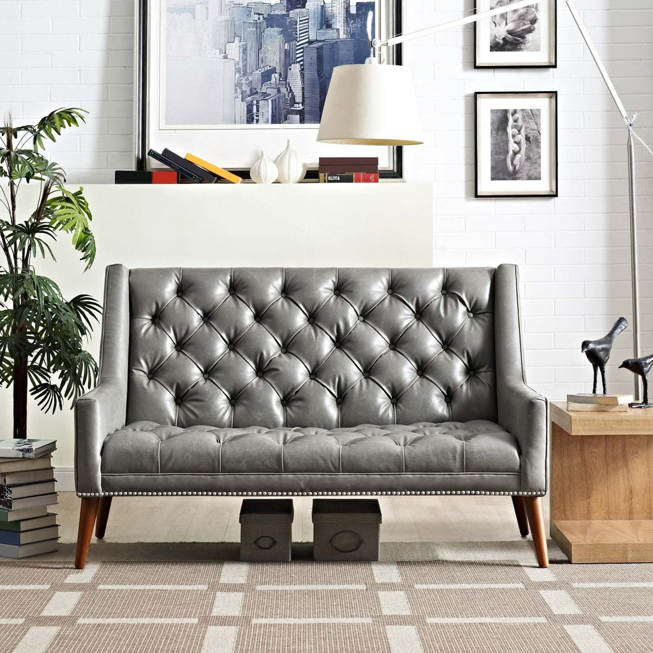 Peruse Upholstered Vinyl Loveseat, Grey, Faux Leather 11476