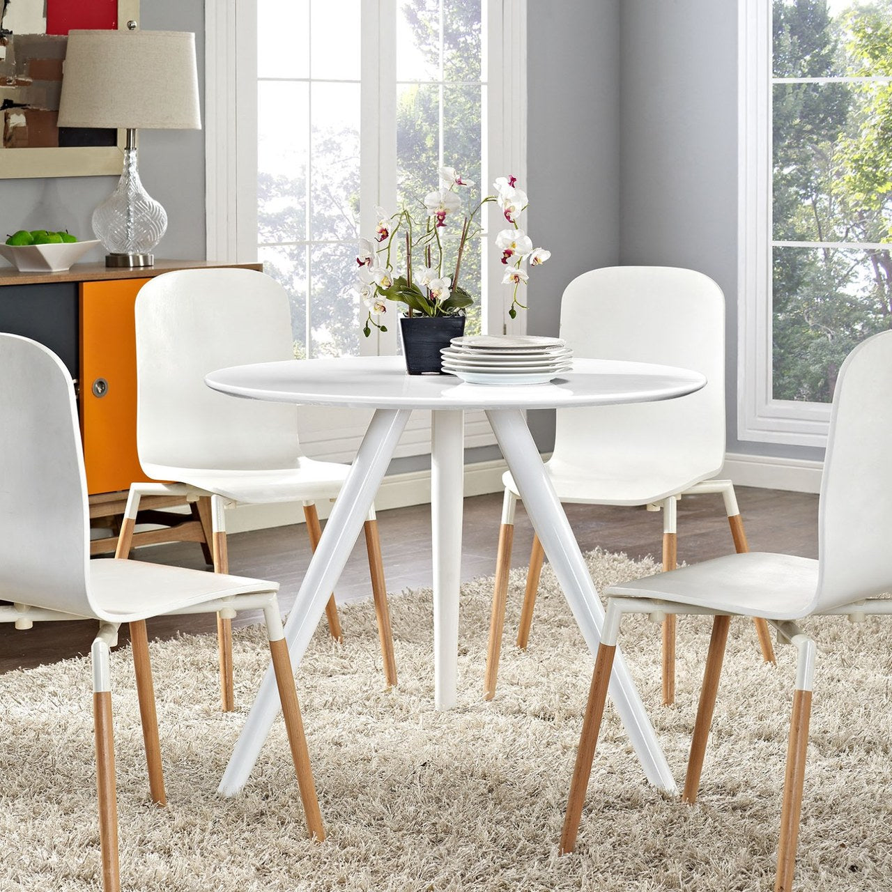Lippa 36" Round Wood Top Dining Table with Tripod Base, White, Metal 11508