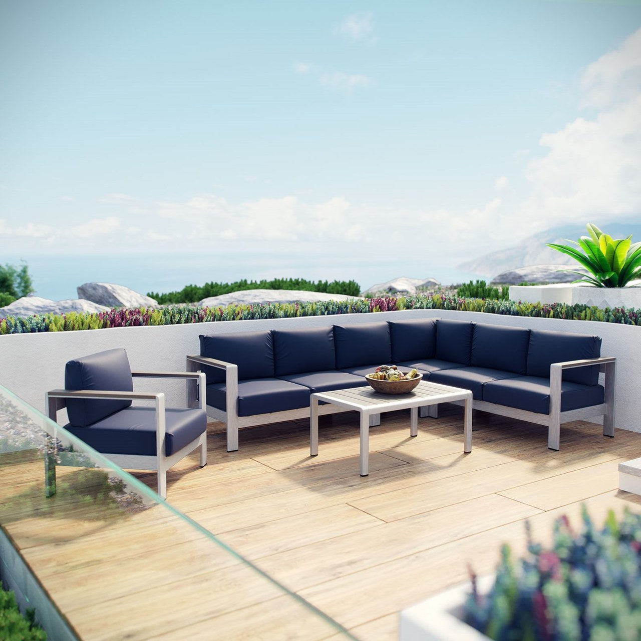 Shore Six PCS Outdoor Patio Aluminum Sectional Sofa Set, Navy, Metal 11532