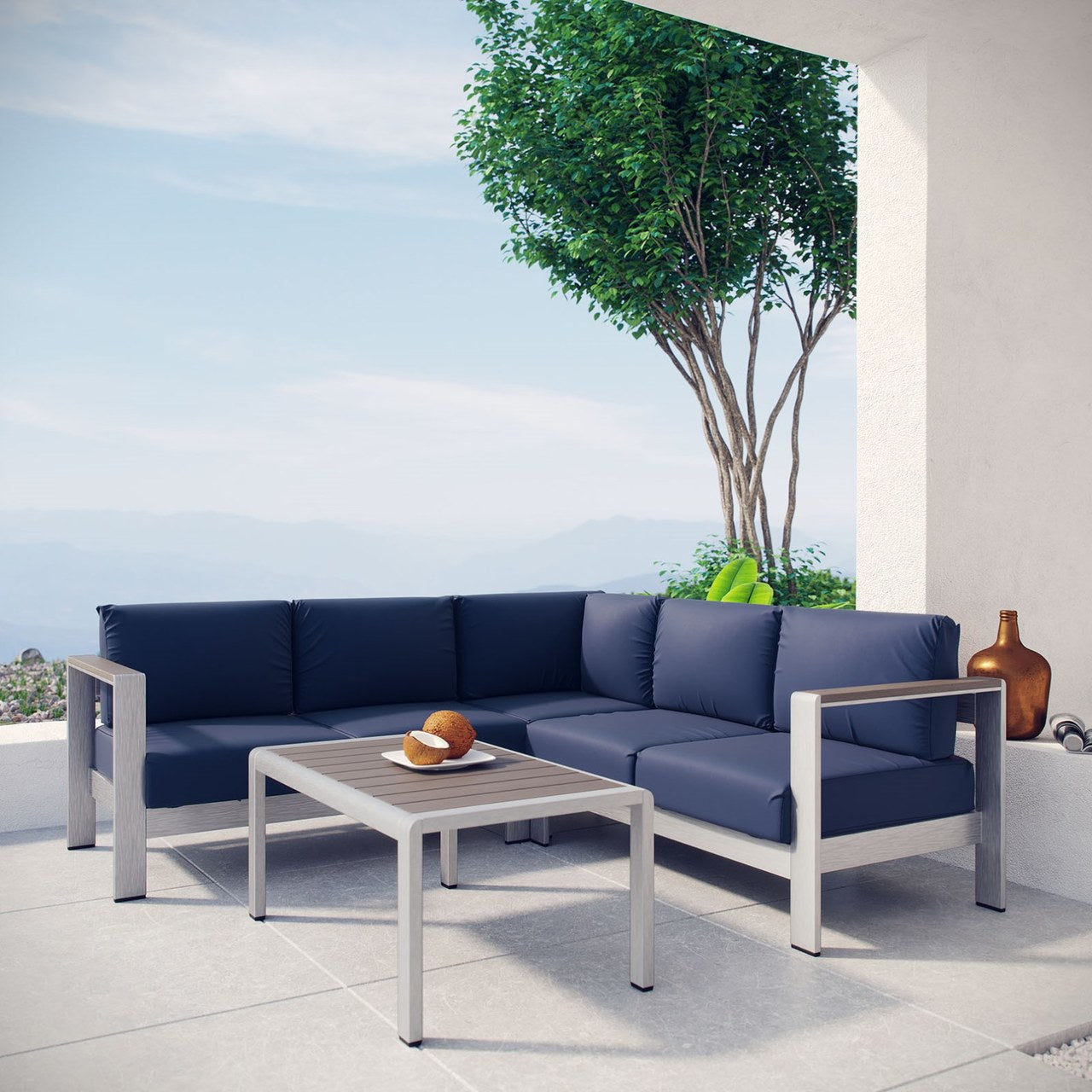 Shore Four PCS Outdoor Patio Aluminum Sectional Sofa Set, Navy, Metal 11536