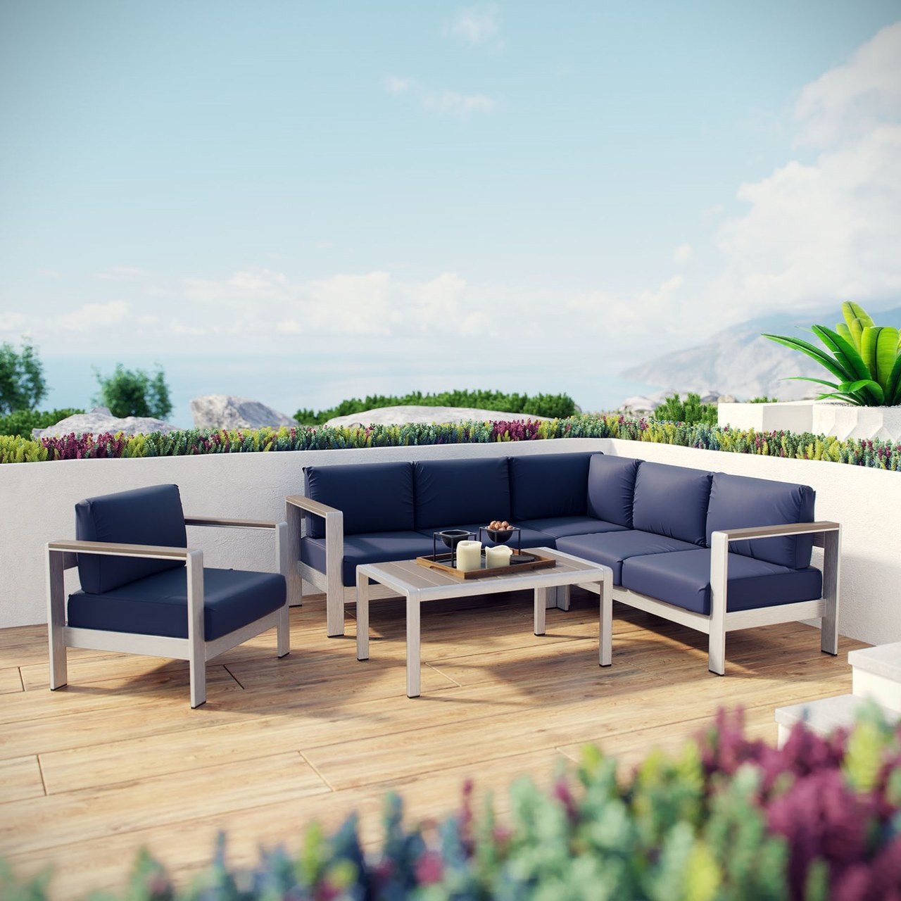 Shore Five PCS Outdoor Patio Aluminum Sectional Sofa Set, Navy, Metal 11540