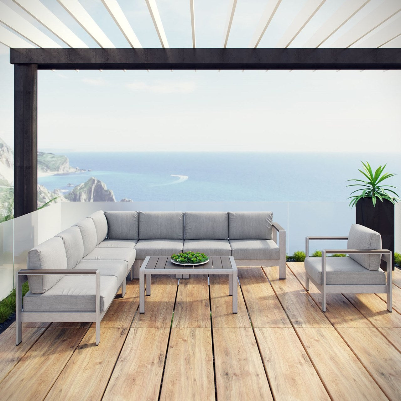 Shore Seven PCS Outdoor Patio Aluminum Sectional Sofa Set, Grey, Metal 11547