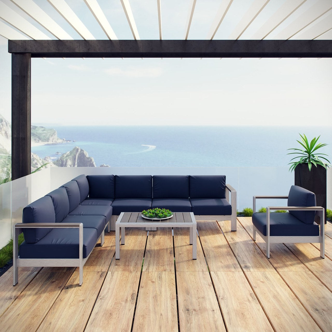 Shore Seven PCS Outdoor Patio Aluminum Sectional Sofa Set, Navy, Metal 11548