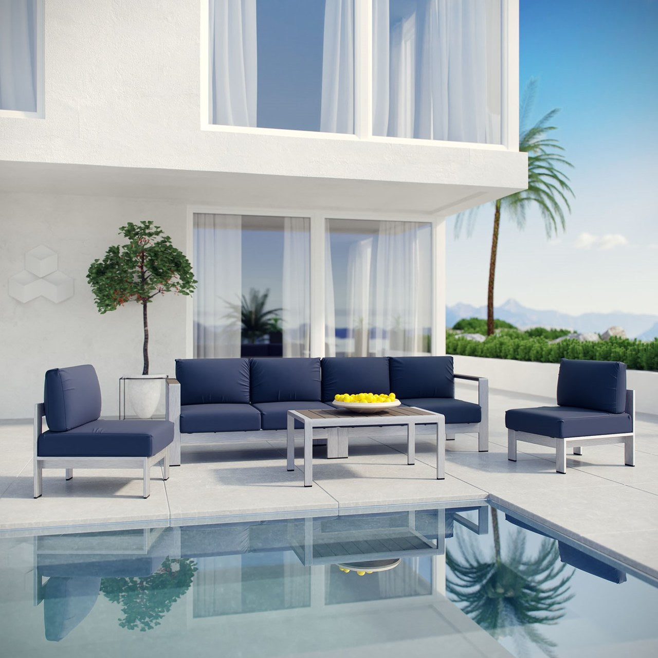 Shore Five PCS Outdoor Patio Aluminum Sectional Sofa Set, Navy, Metal 11556