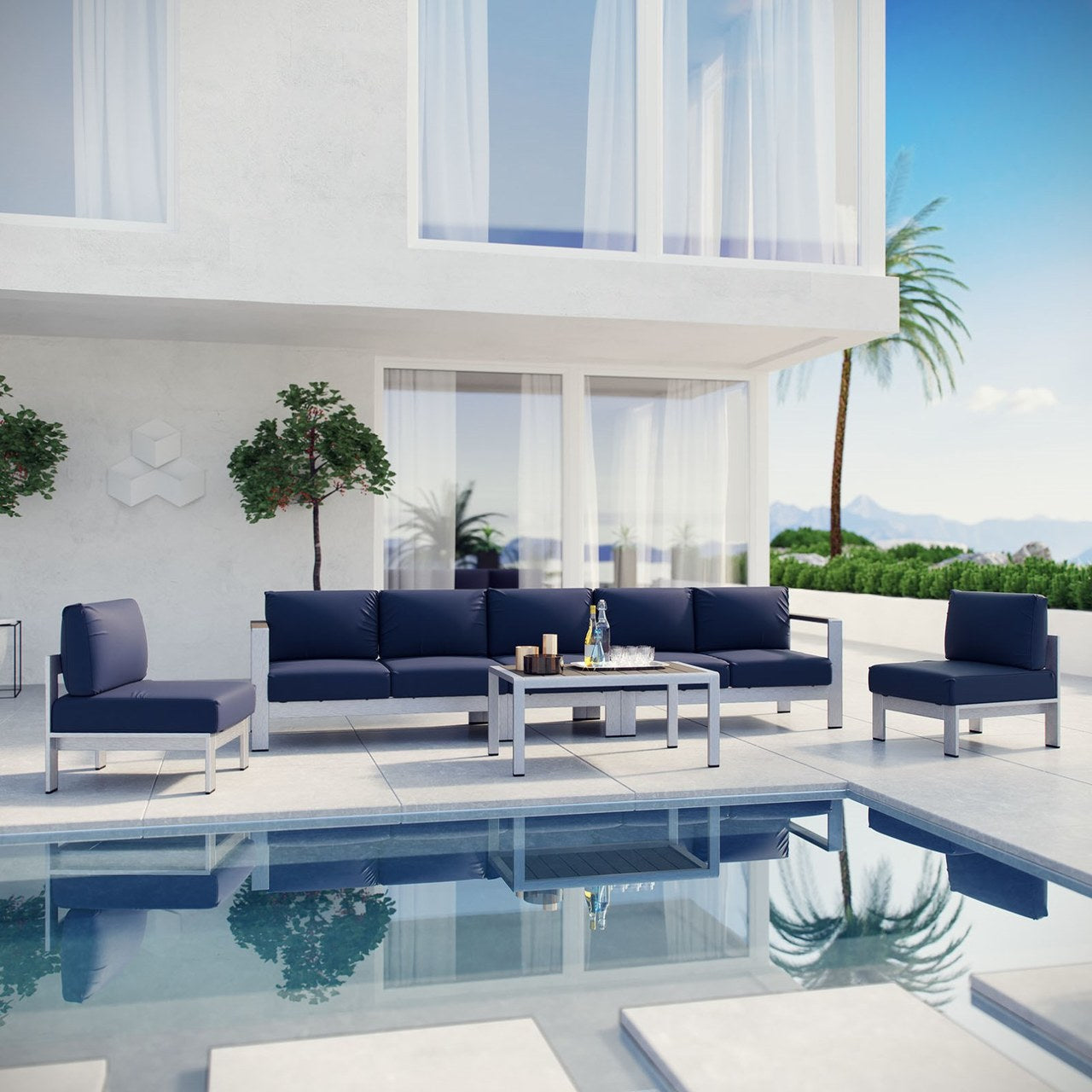 Shore Six PCS Outdoor Patio Aluminum Sectional Sofa Set, Navy, Metal 11560