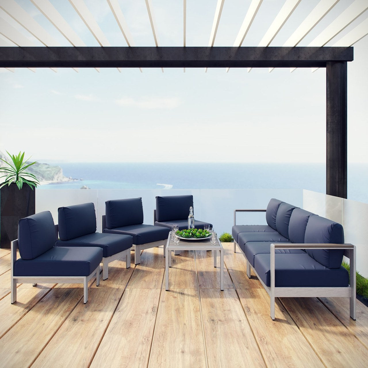 Shore Seven PCS Outdoor Patio Sectional Sofa Set, Navy, Metal 11564