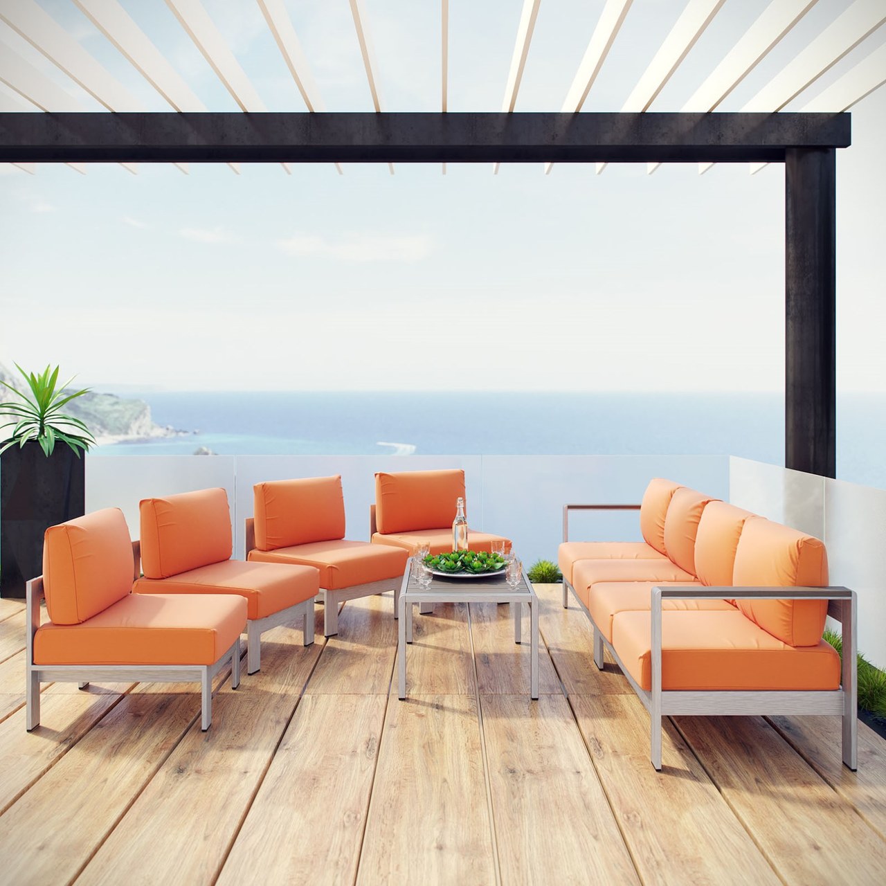 Shore Seven PCS Outdoor Patio Sectional Sofa Set, Orange, Metal 11565
