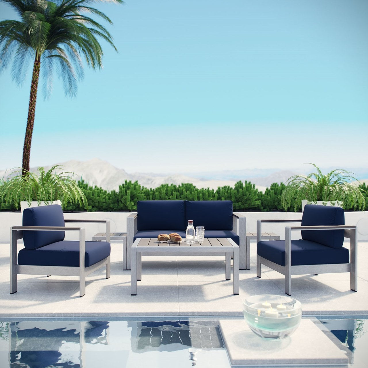 Shore Six PCS Outdoor Patio Aluminum Sectional Sofa Set, Navy, Metal 11572