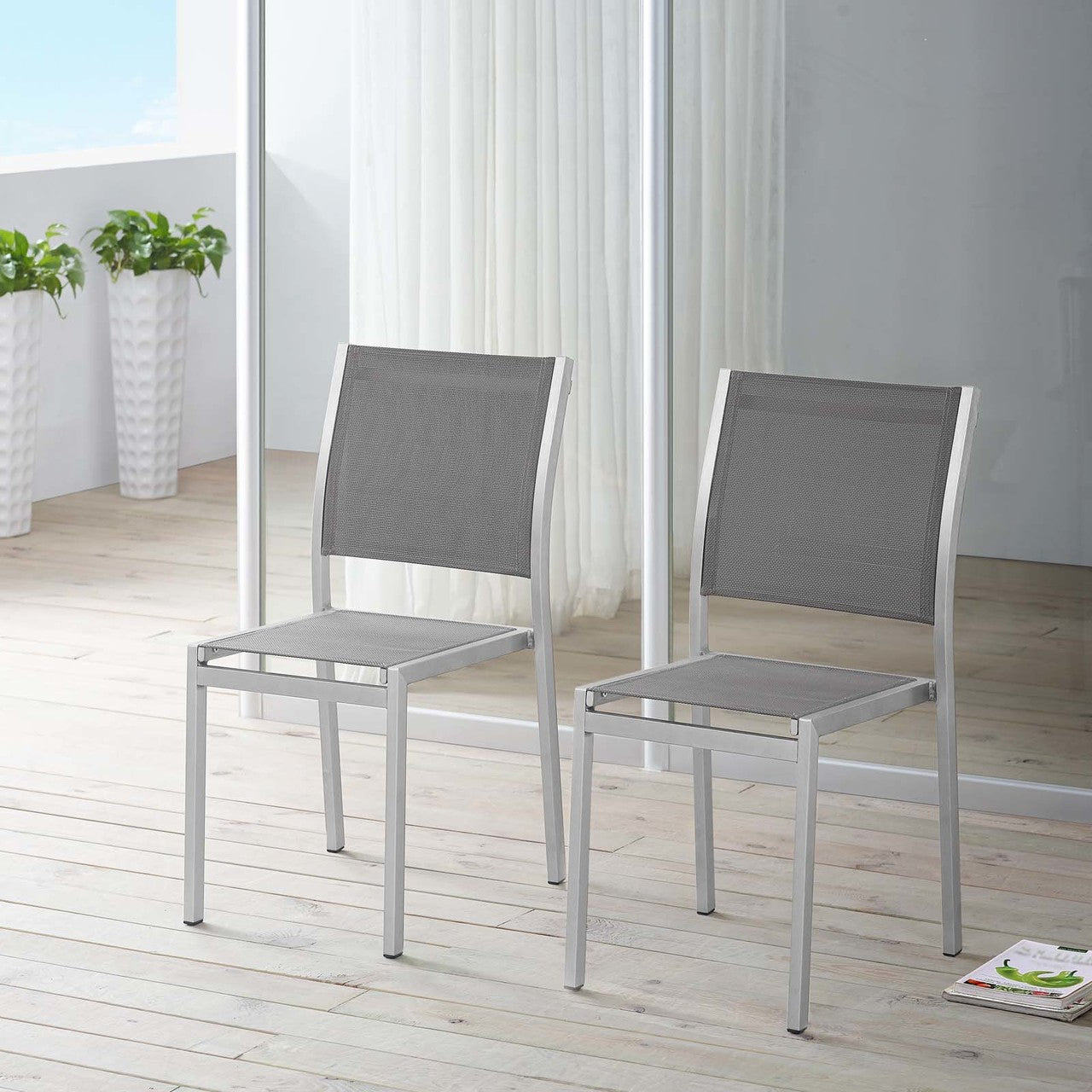 Shore Side Chair Outdoor Patio Aluminum Set of 2, Aluminum Metal Steel, Grey Gray 13592