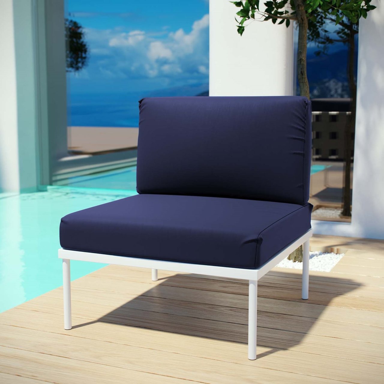 Harmony Armless Outdoor Patio Aluminum Chair, Navy, Rattan 11613