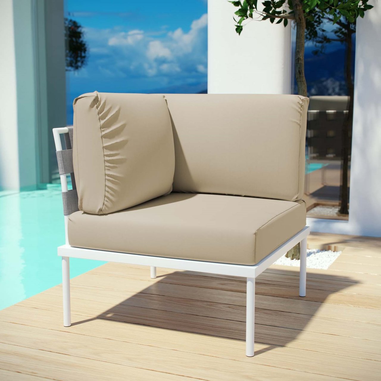 Harmony Outdoor Patio Aluminum Corner Sofa, Beige, Rattan 11615