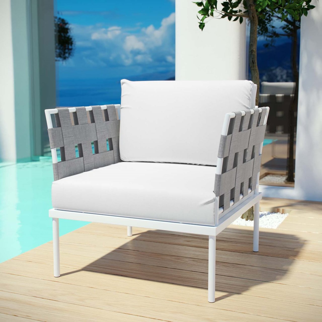 Harmony Outdoor Patio Aluminum Armchair, White, Rattan 11622