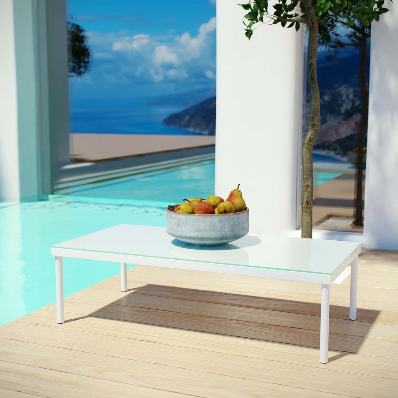 Harmony Outdoor Patio Aluminum Coffee Table, White, Rattan 11628