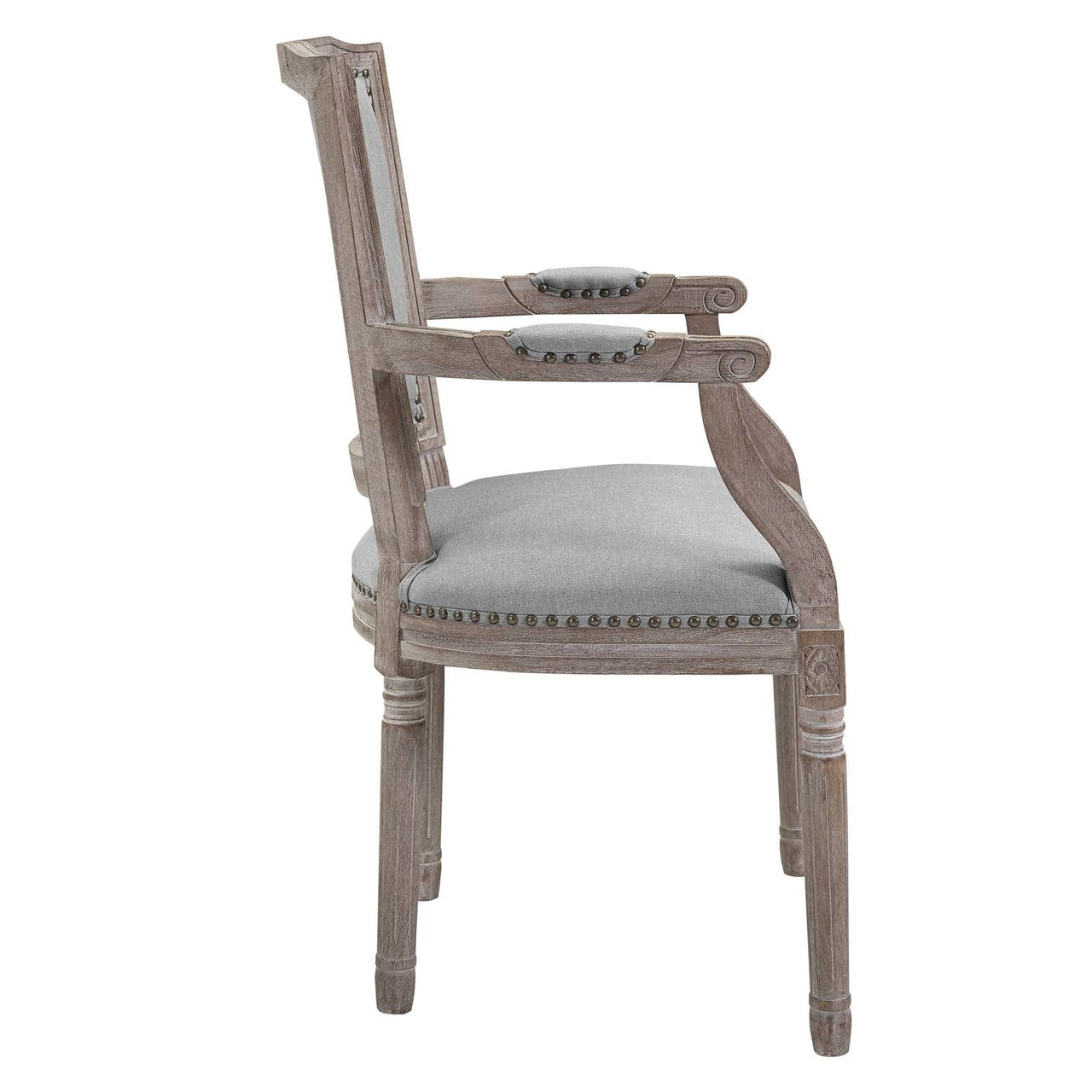 Penchant Vintage French Upholstered Fabric Dining Armchair, Fabric Wood, Light Grey Gray 13603