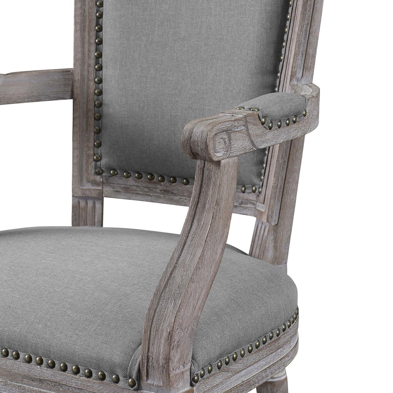 Penchant Vintage French Upholstered Fabric Dining Armchair, Fabric Wood, Light Grey Gray 13603