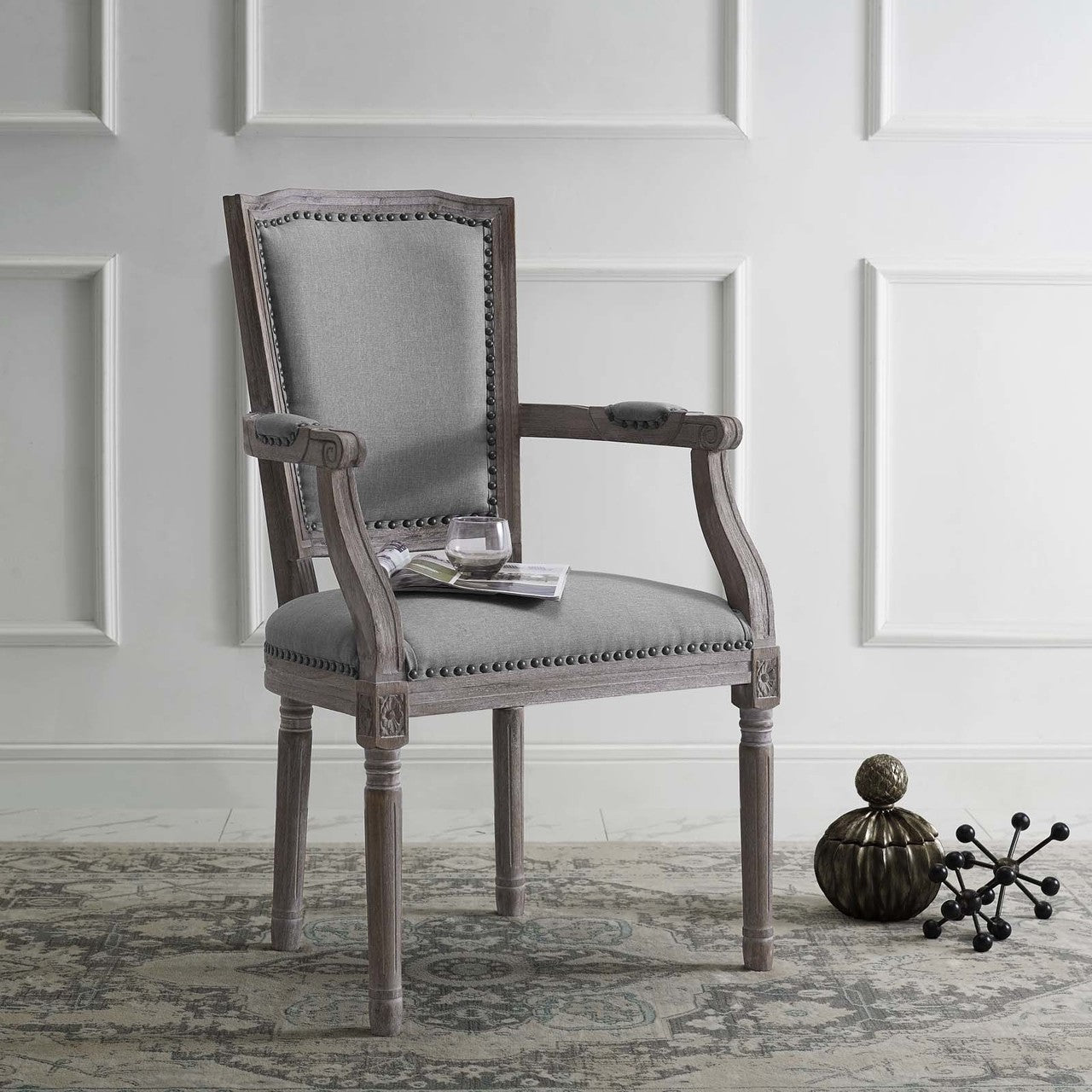 Penchant Vintage French Upholstered Fabric Dining Armchair, Fabric Wood, Light Grey Gray 13603