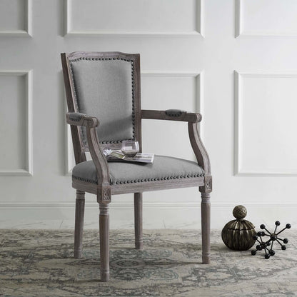 Penchant Vintage French Upholstered Fabric Dining Armchair, Fabric Wood, Light Grey Gray 13603