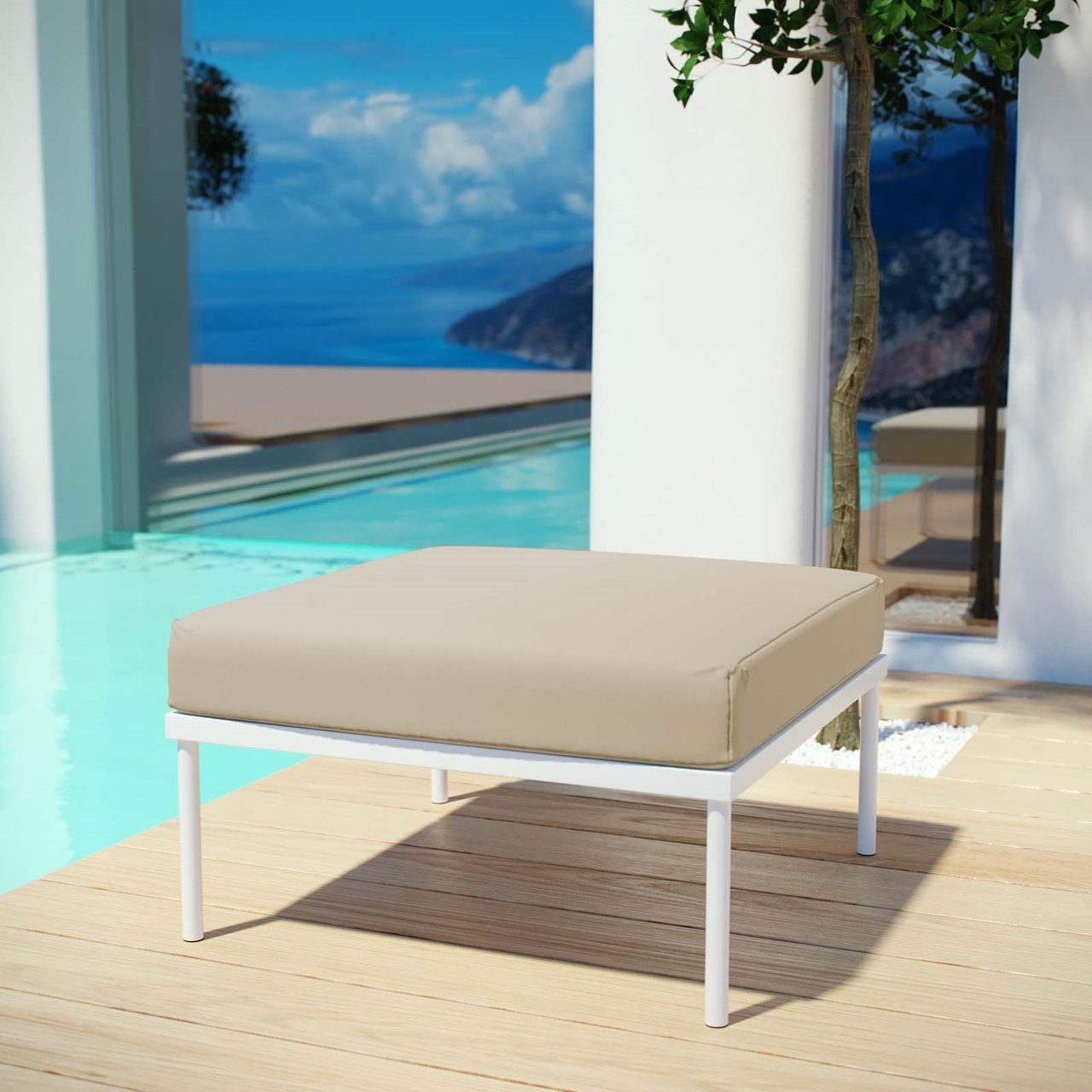 Harmony Outdoor Patio Aluminum Ottoman, Beige, Rattan 11631