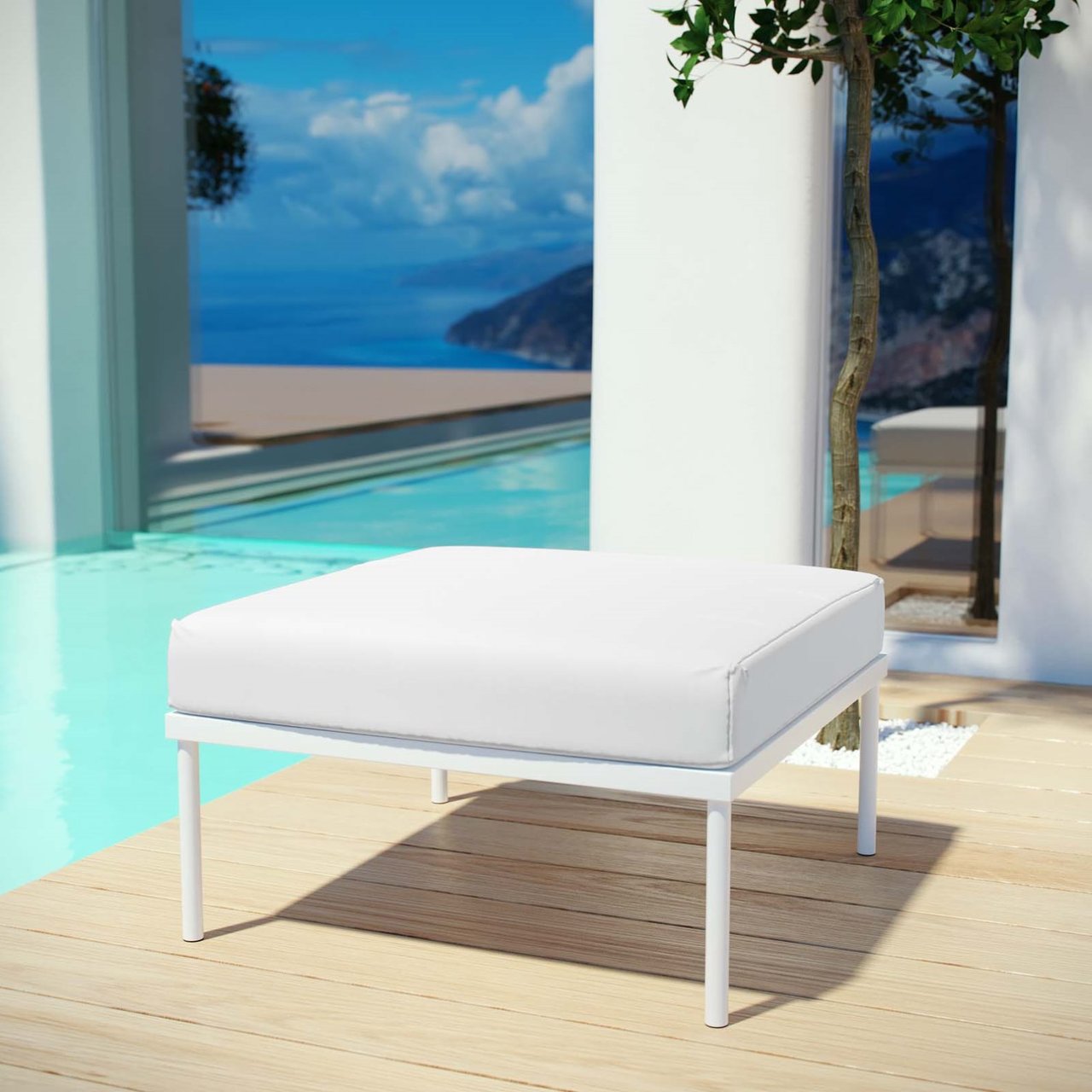 Harmony Outdoor Patio Aluminum Ottoman, White, Rattan 11634