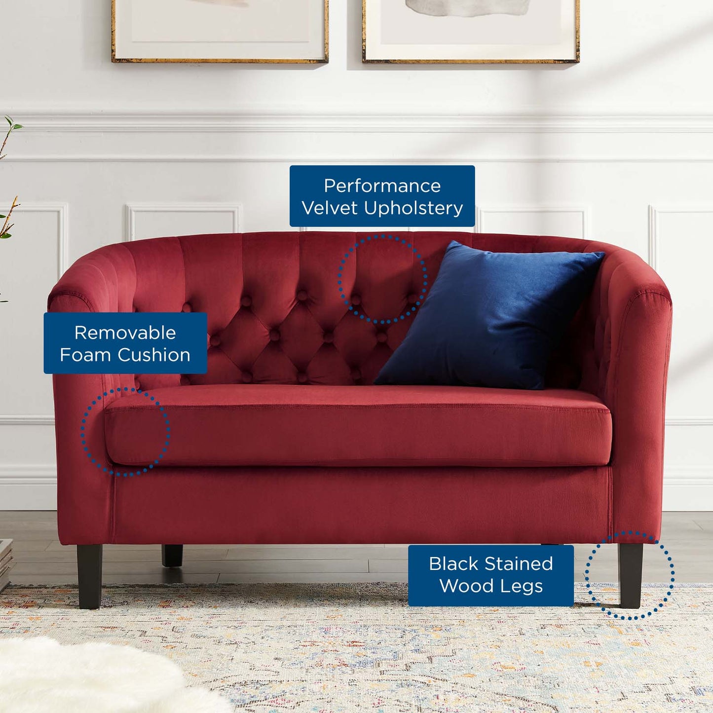Prospect Performance Velvet Loveseat, Velvet, Red, 18139