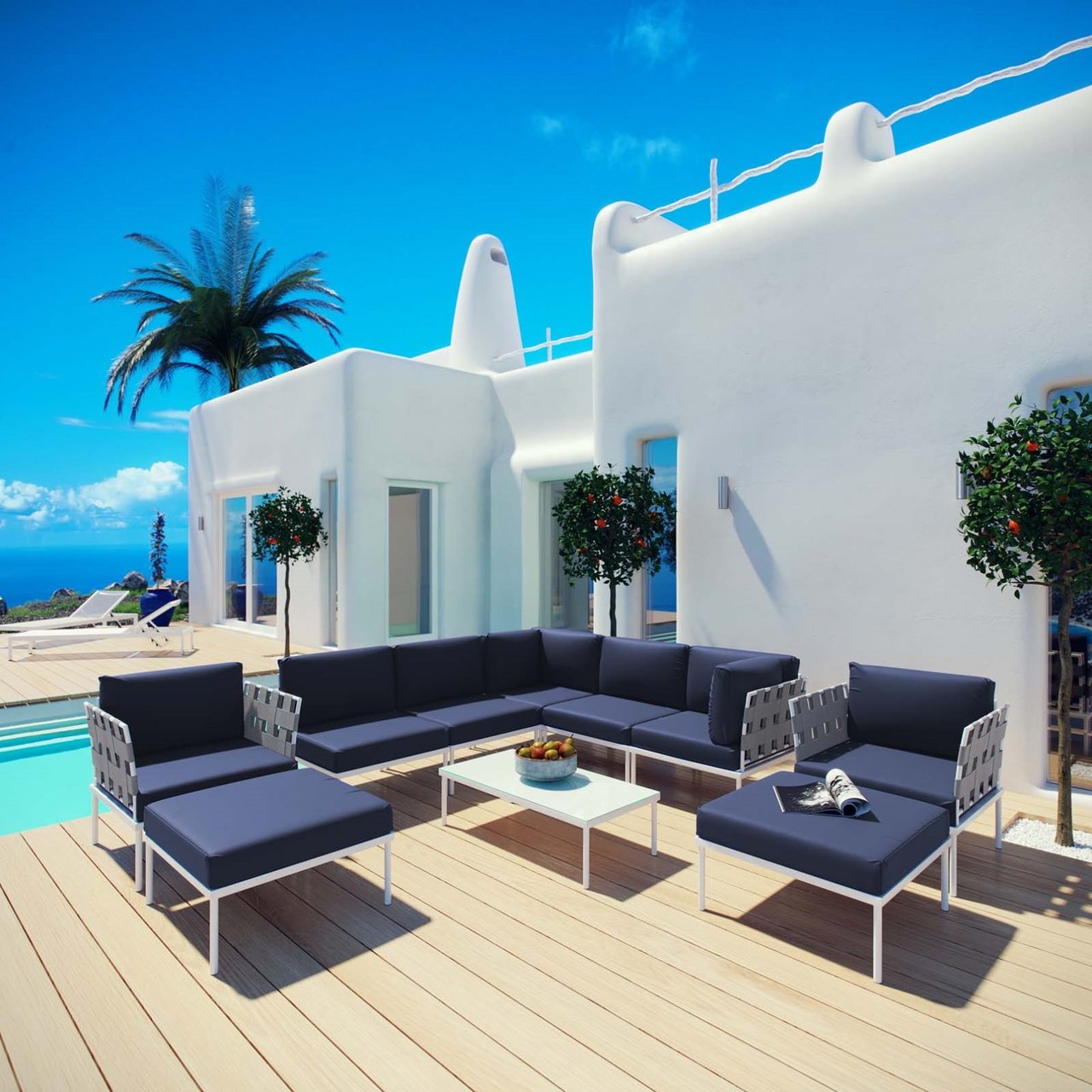 Harmony Ten PCS Outdoor Patio Aluminum Sectional Sofa Set, Navy, Rattan 11664