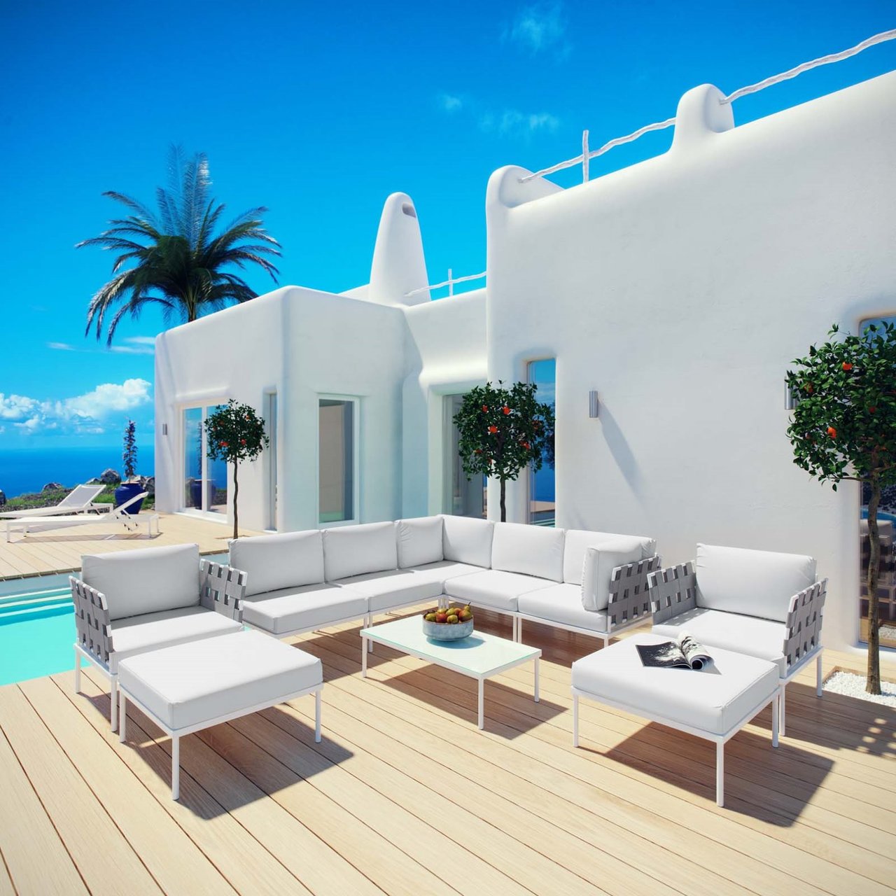 Harmony Ten PCS Outdoor Patio Aluminum Sectional Sofa Set, White, Rattan 11665